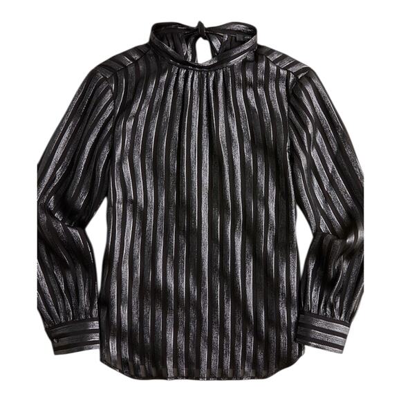 J.Crew Black Metallic Sheer Chiffon Mockneck Top, Bow/Tie Back Blouse Medium NEW - Picture 1 of 6